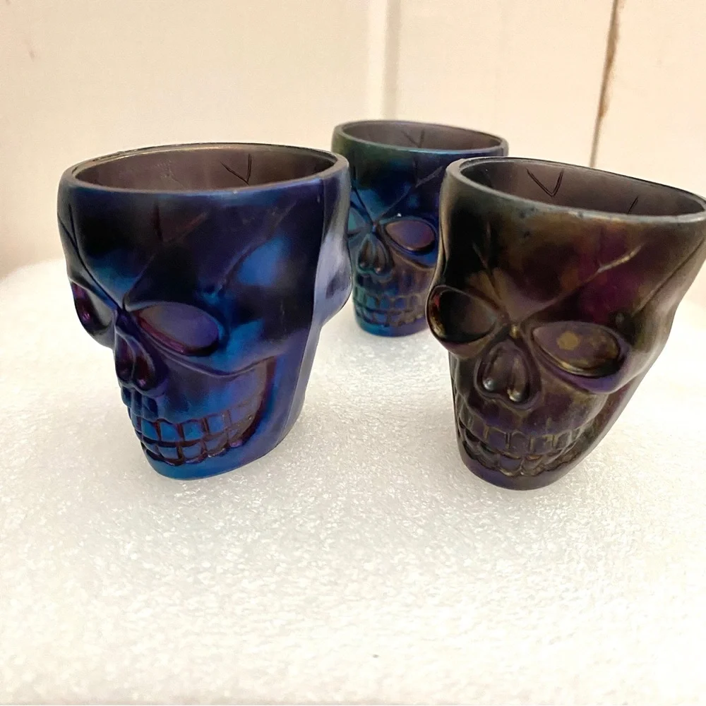 3 SKULL shot glass set iridescent double sided glass mini cup bar lot bundle set
